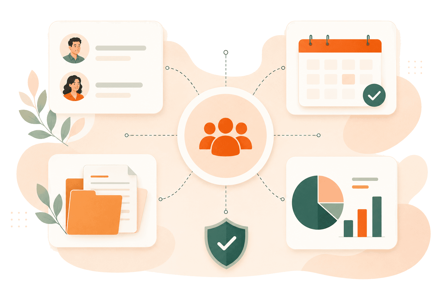 Connected SalsaHR modules: people, calendar, documents, and reporting around a central team.