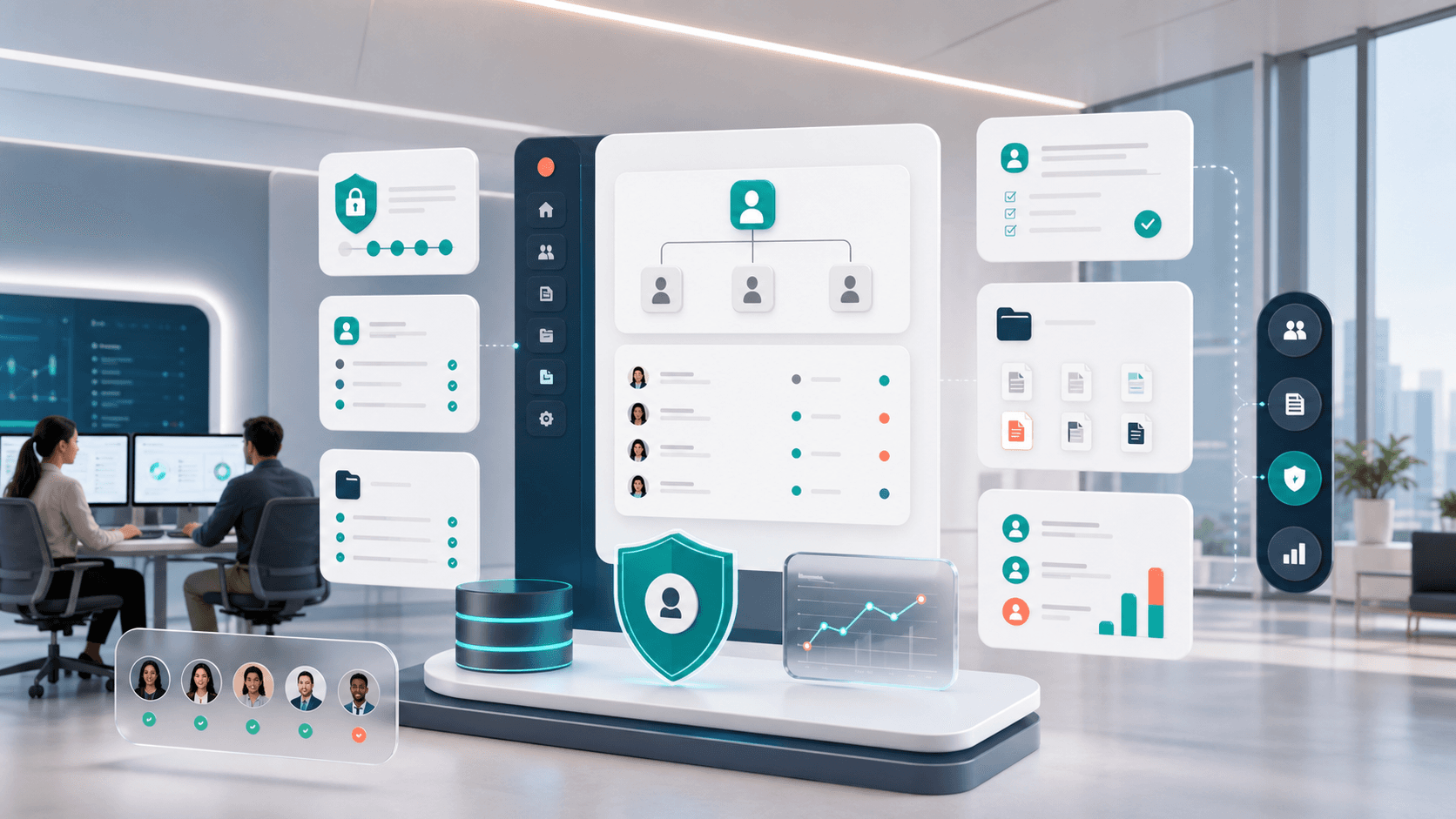 Secure workforce data visual with HR access controls, audit trails, and protected document panels.